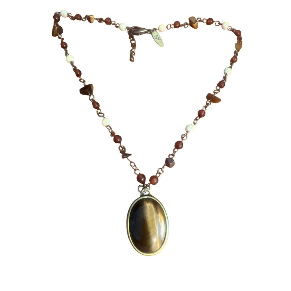 Vintage NY & Co Tigers Eye Pendant Necklace Beads Antique Gold Faux Pearls Adj